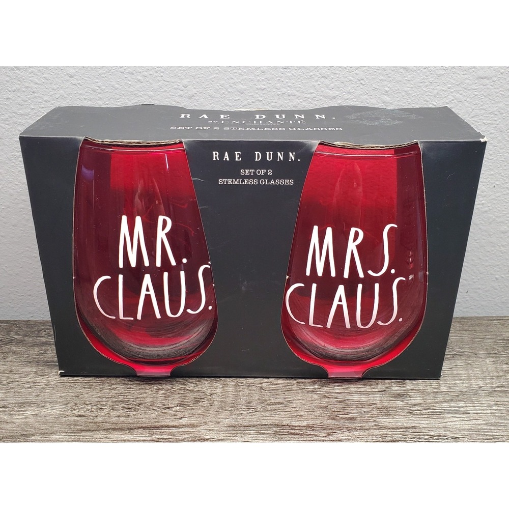 Rae Dunn Red Stemless Glasses Mr. & Mrs. Santa Claus Christmas Holiday NEW